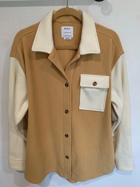 Women’s RVCA Birdie Polar Fleece Shacket Jacket, Tan/Cream, Oversized, Large